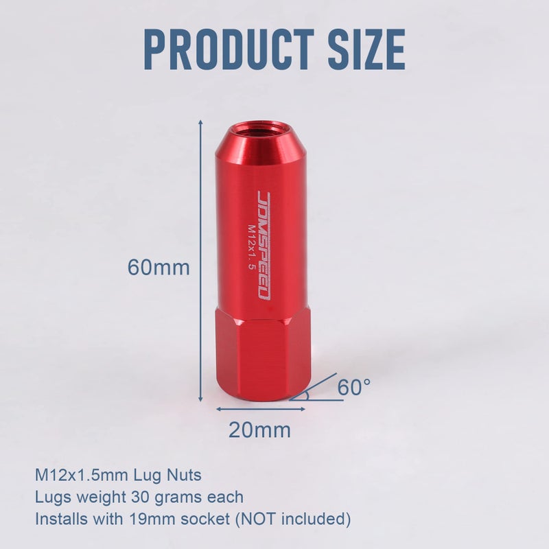 JDMSPEED جيد إم دي سبيد صمولة توصيل ألومنيوم حمراء 60 مم بديلة لعجلات السيارات M12X1.5 20 قطعة - Image 3